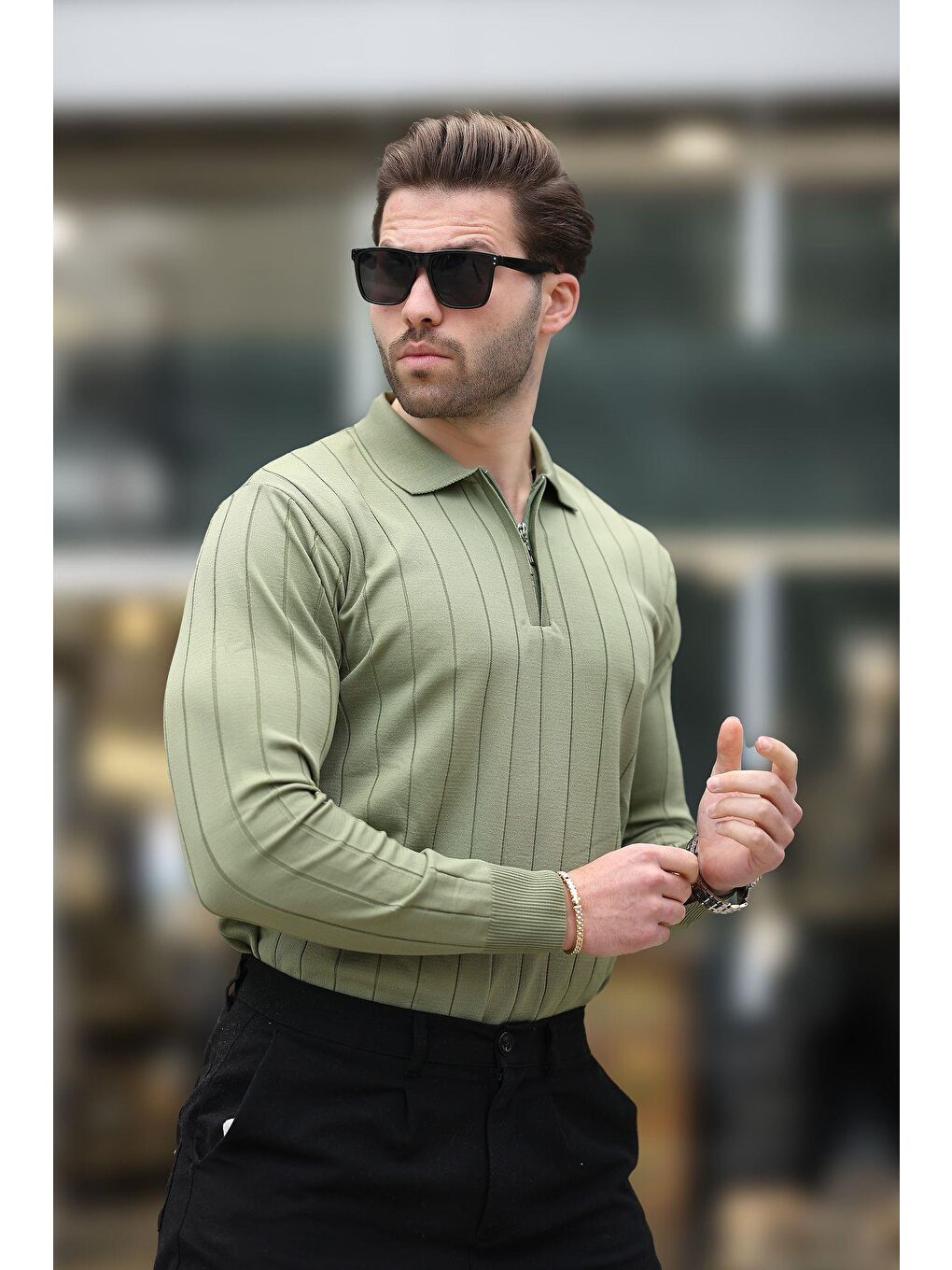 Haki Polo Yaka Fermuarlı Örme Kazak-1