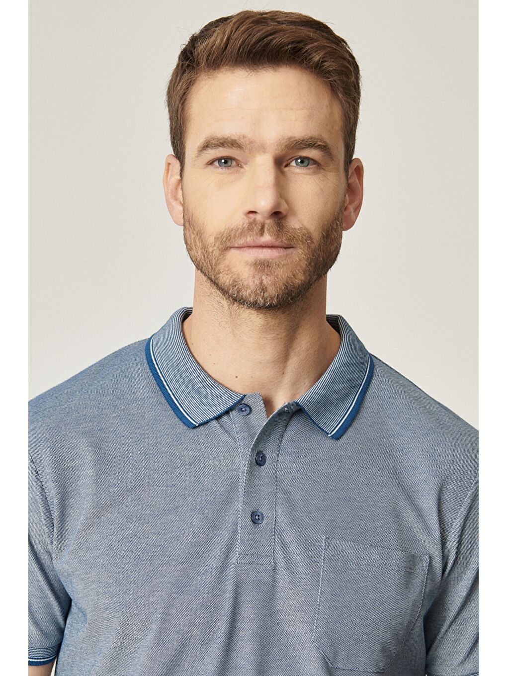 Lacivert Erkek İndigo-Beyaz Pamuklu Comfort Fit Rahat Kesim Polo Yaka Cepli Tişört