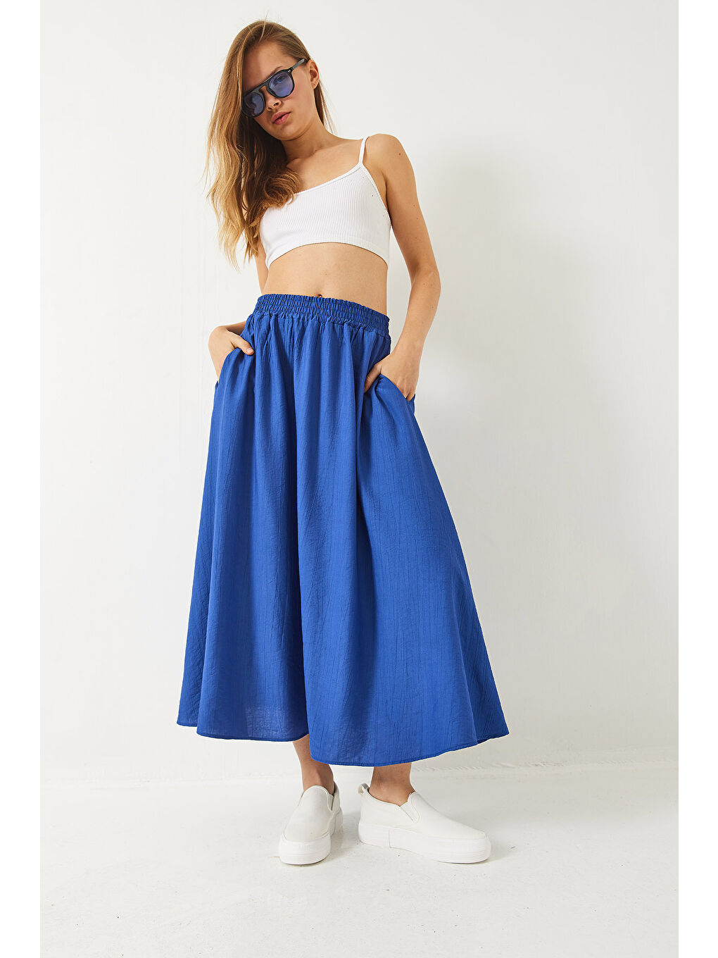 İndigo Kadın Beli Lasikçi Cep Detaylı Dokulu Uzun Etek-1