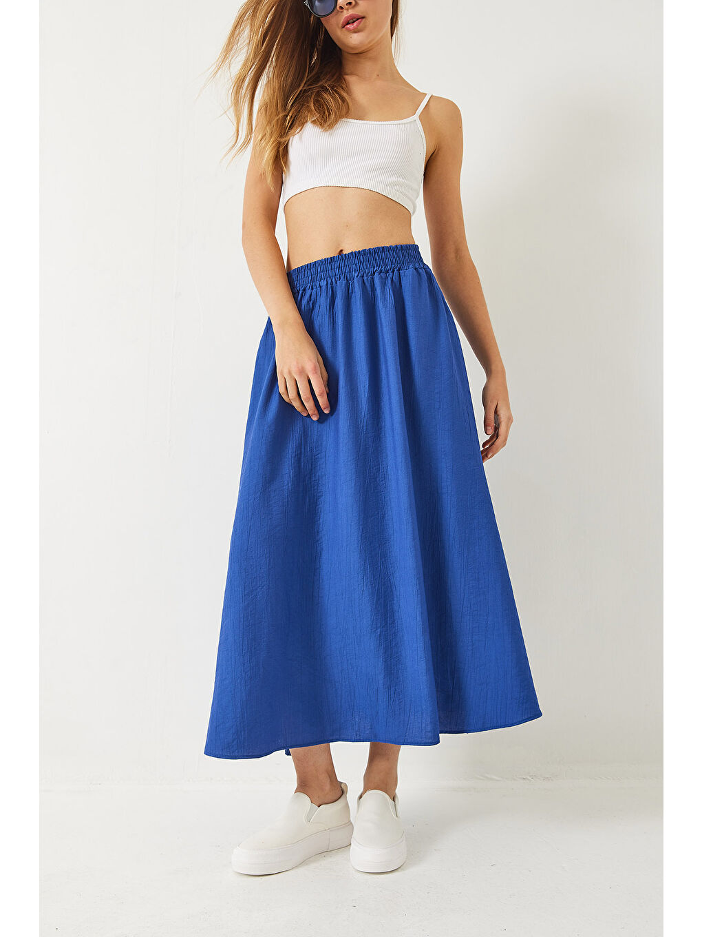 İndigo Kadın Beli Lasikçi Cep Detaylı Dokulu Uzun Etek-2