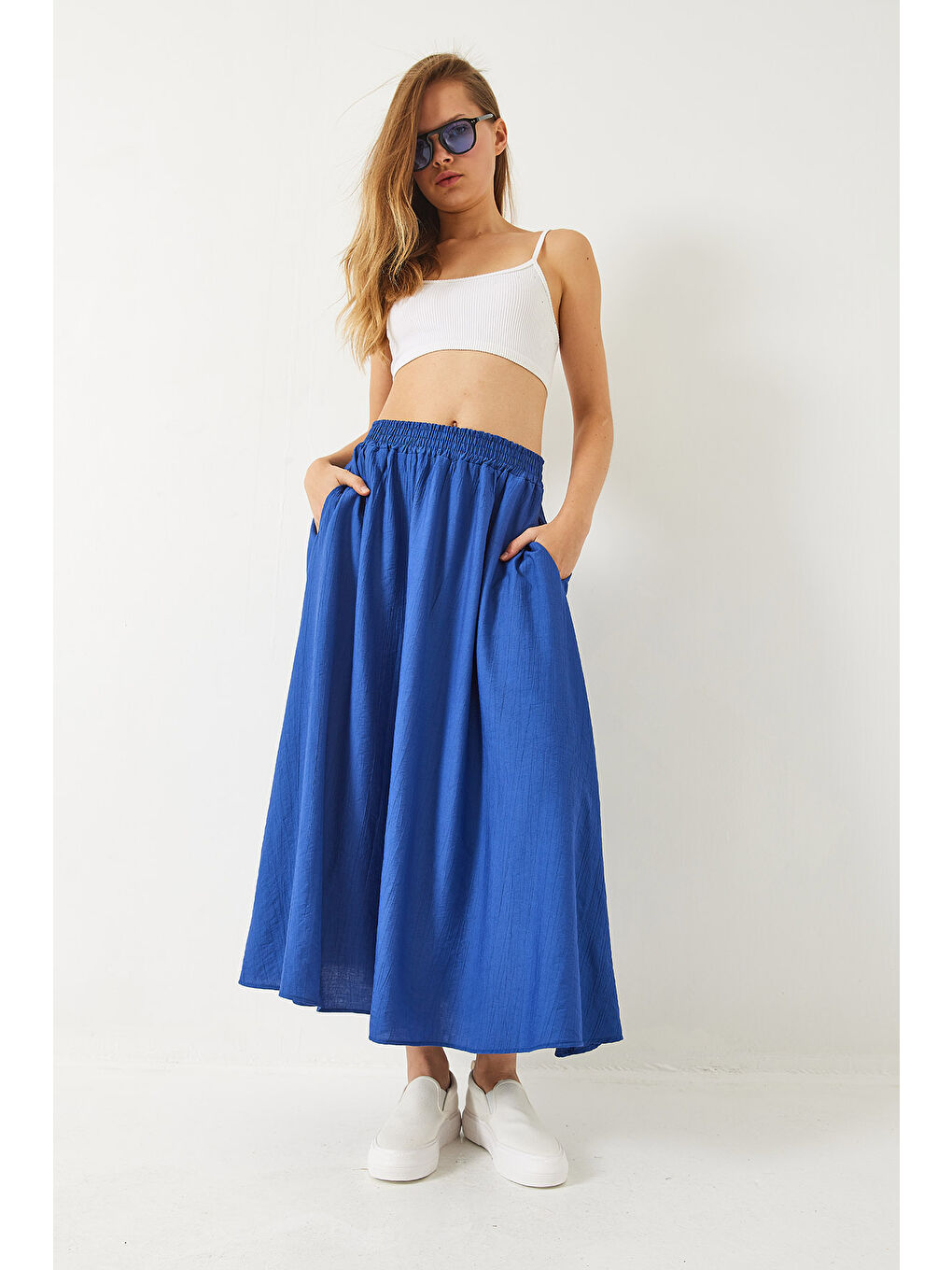 İndigo Kadın Beli Lasikçi Cep Detaylı Dokulu Uzun Etek-3