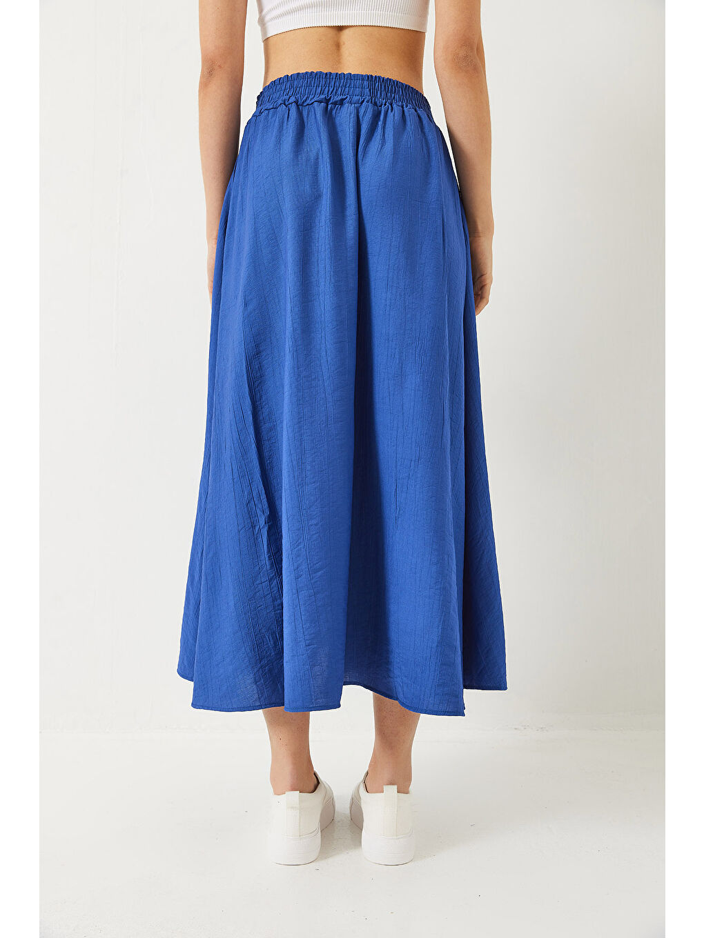 İndigo Kadın Beli Lasikçi Cep Detaylı Dokulu Uzun Etek-5