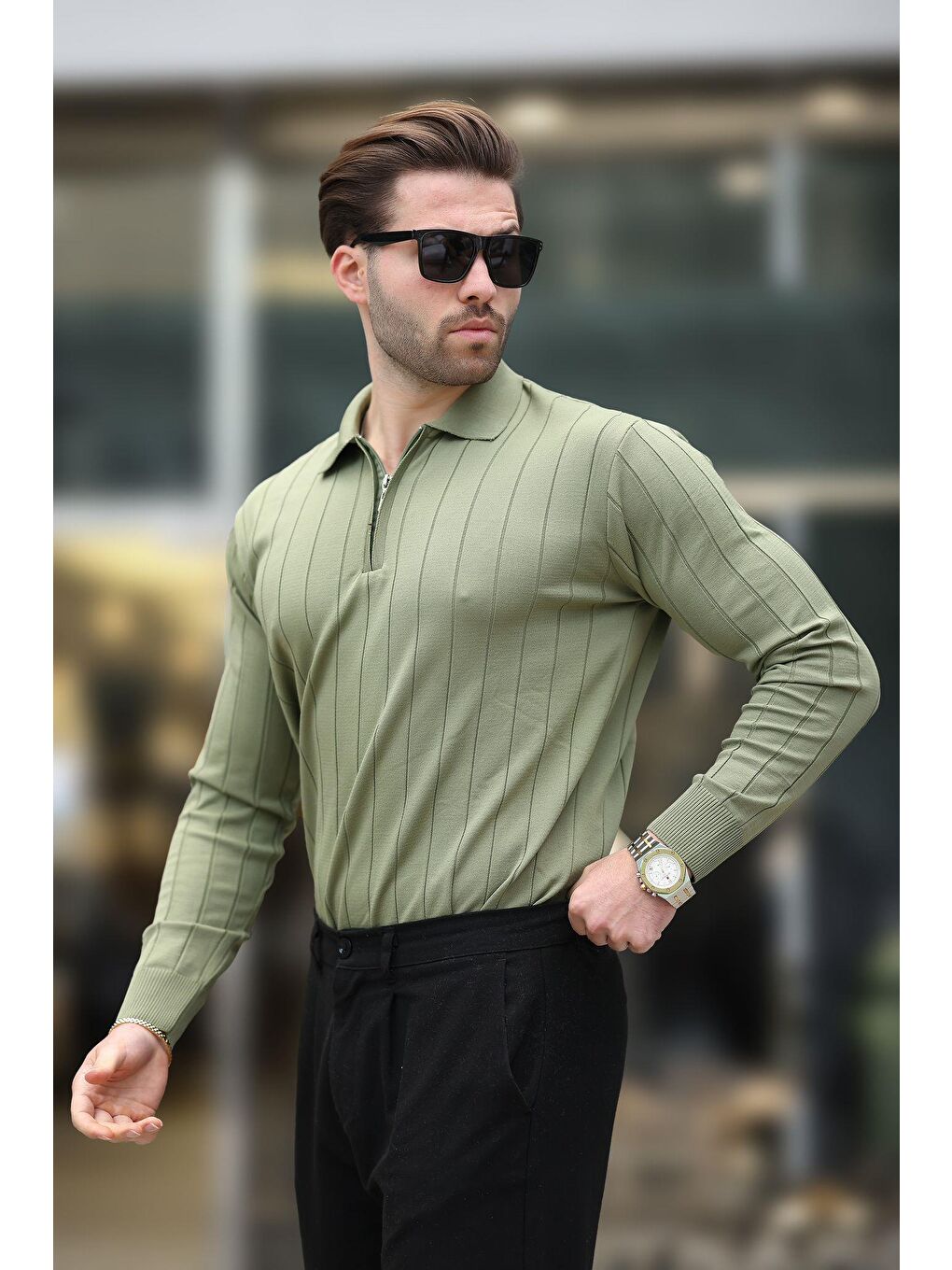 Haki Polo Yaka Fermuarlı Örme Kazak-2