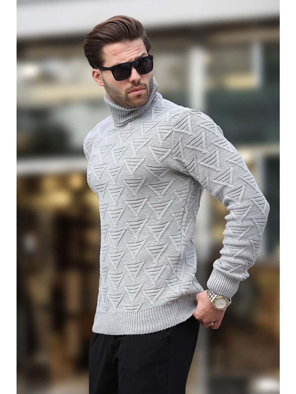 Gri Balıkçı Yaka Desenli Erkek Kazak E7292-1