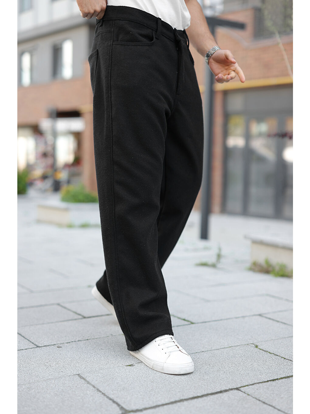 Erkek Yüksek Bel Bol Paça Günlük Siyah Baggy Pantolon