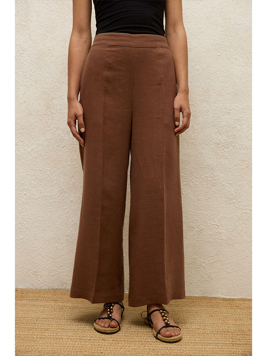 Kahverengi ÜTÜ İZLİ KETEN PANTOLON KAHVERENGİ-5