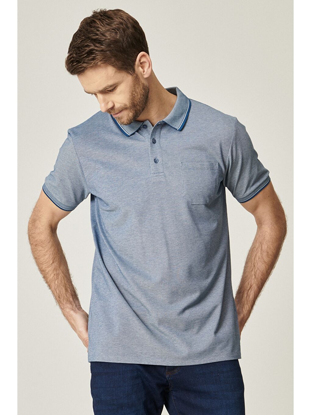 Lacivert Erkek İndigo-Beyaz Pamuklu Comfort Fit Rahat Kesim Polo Yaka Cepli Tişört-2