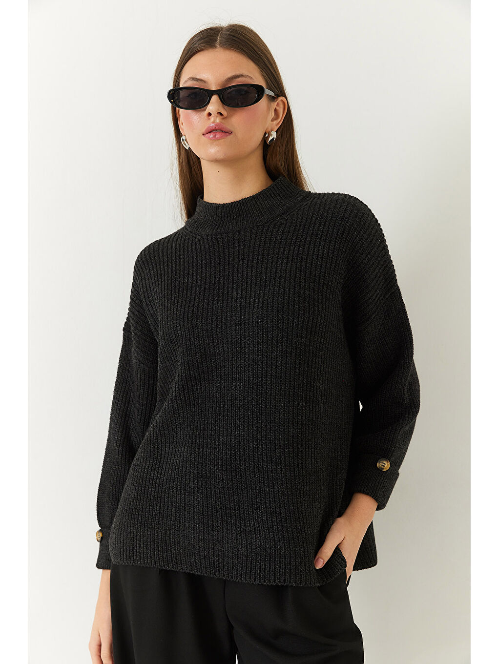 Antrasit Kadın Selanik Örgü Kazak-1