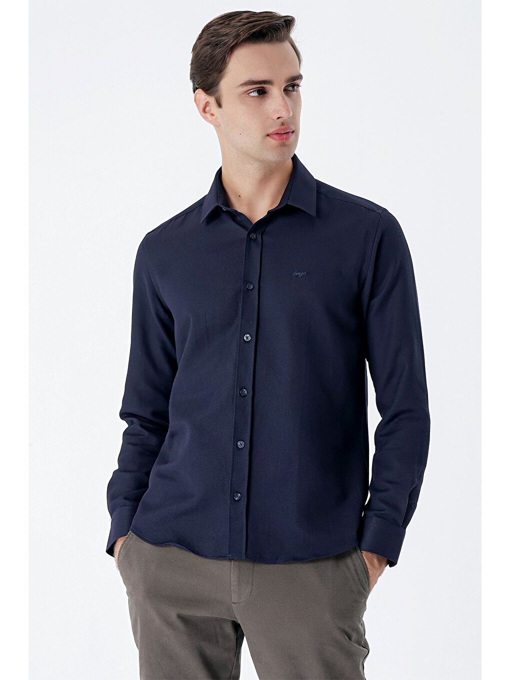 Koyu Lacivert Uzun Kollu Armürlü Cepsiz Klasik Slim Fit Gömlek 1004235149-2