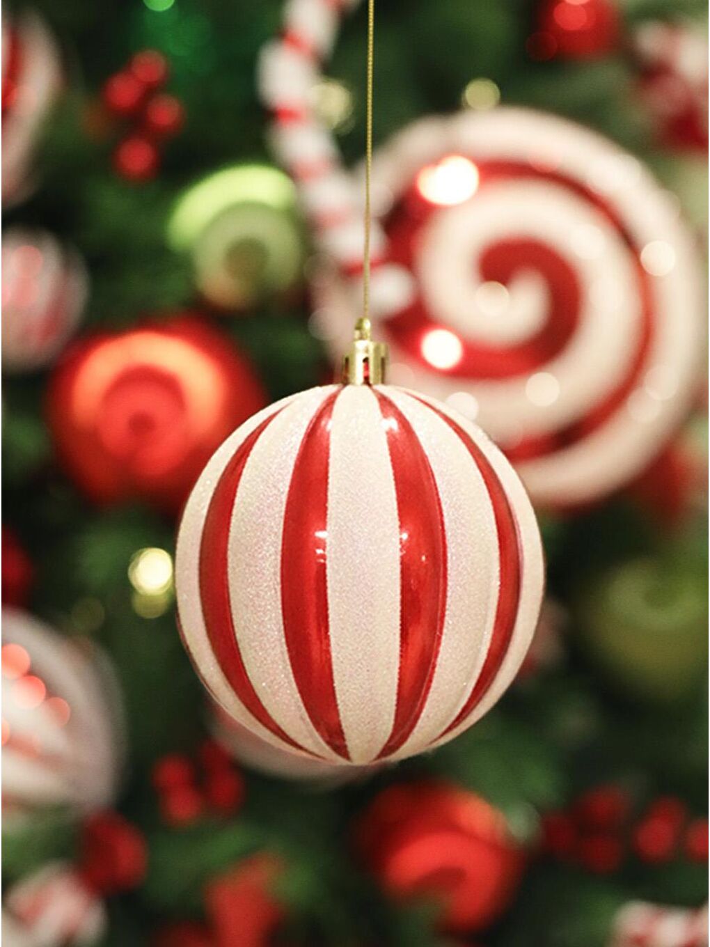 Yılbaşı Topu Dilim Desenli Dekoratif Çam Ağacı Süsü Kırmızı Beyaz 10 cm 4'lü Set