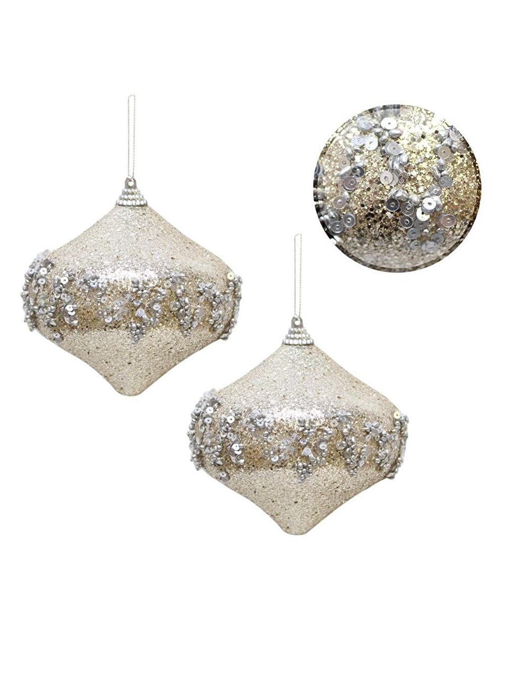 Ekru Yılbaşı Topu Simli Boncuk ve Pul - Payet Detaylı Çam Ağacı Süsü Işıltılı Açık Krem 10 cm 2'li-1