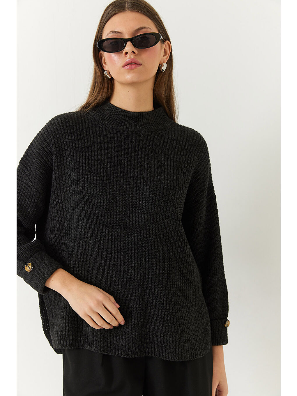 Antrasit Kadın Selanik Örgü Kazak-3