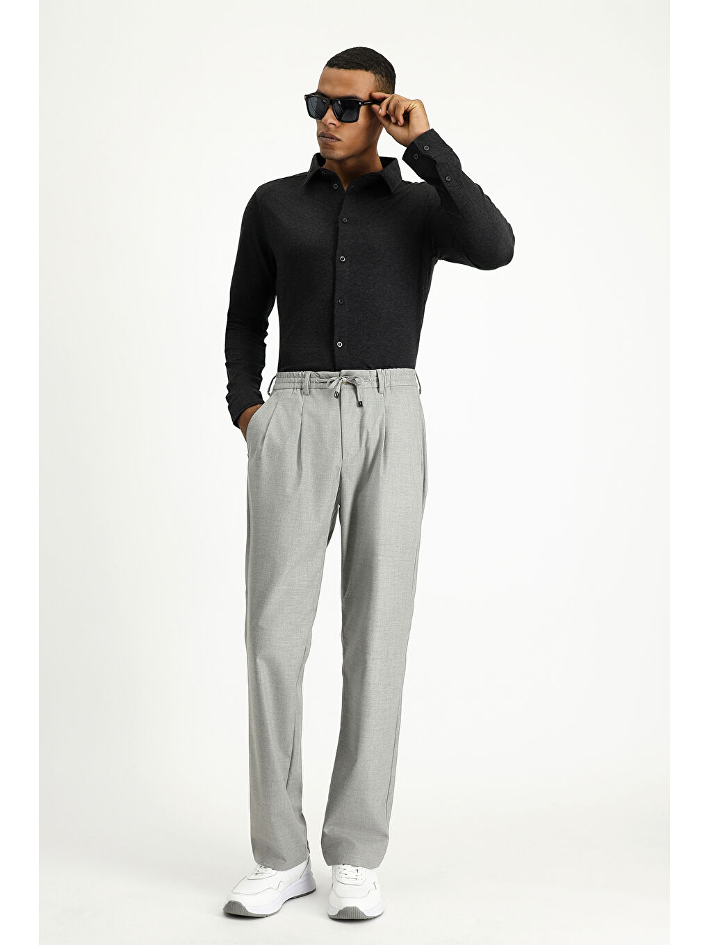 Antrasit Uzun Kol Regular Fit Çizgili Örme Pamuk Gömlek