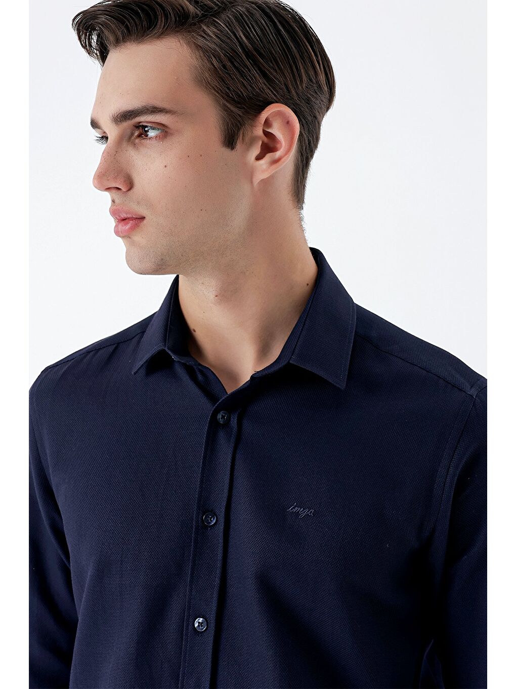 Koyu Lacivert Uzun Kollu Armürlü Cepsiz Klasik Slim Fit Gömlek 1004235149-4