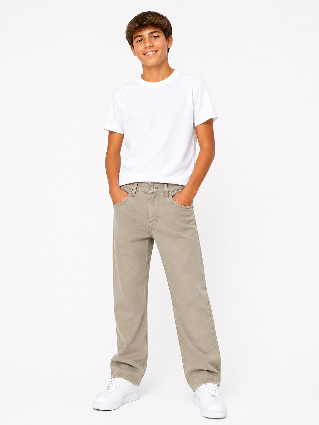 Bej kids beli ayarlanabilir lastikli keten pantolon