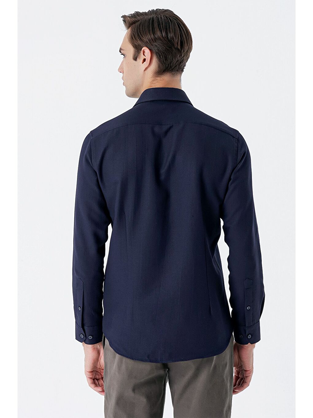 Koyu Lacivert Uzun Kollu Armürlü Cepsiz Klasik Slim Fit Gömlek 1004235149-5