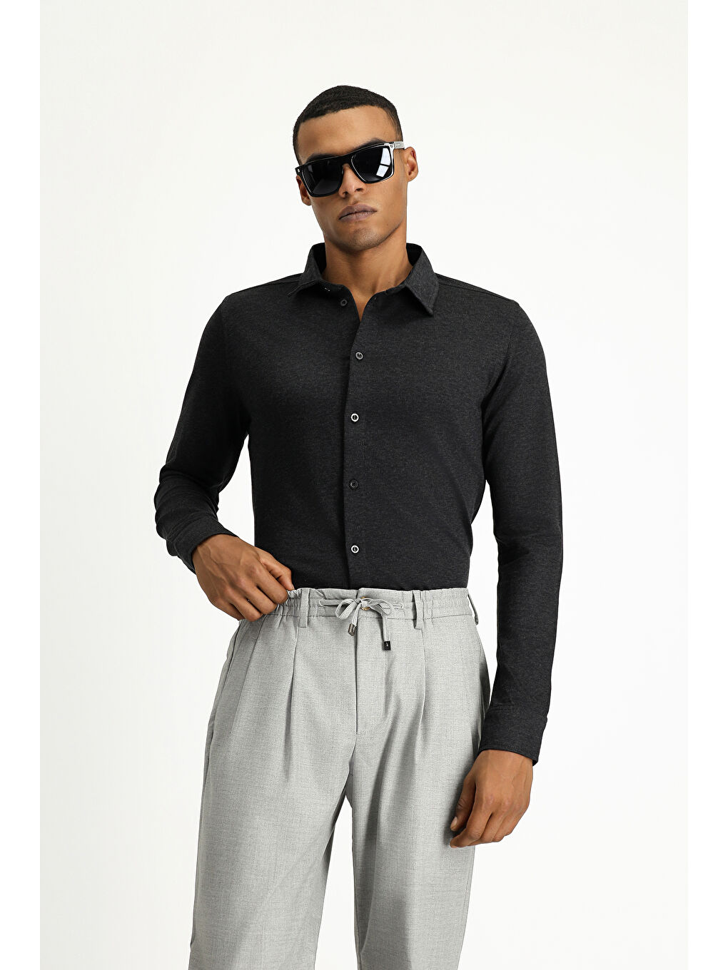 Antrasit Uzun Kol Regular Fit Çizgili Örme Pamuk Gömlek-1