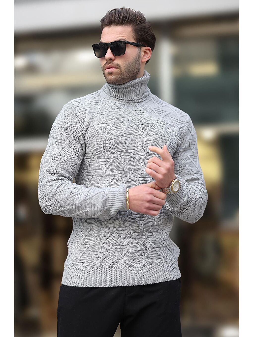 Gri Balıkçı Yaka Desenli Erkek Kazak E7292-2