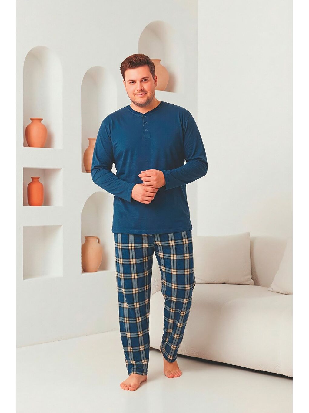 Lacivert Erkek %100 Doğal Pamuk Ekoseli Uzun Kollu Düğmeli Yüksek Kaliteli Battal Pijama Takımı-1