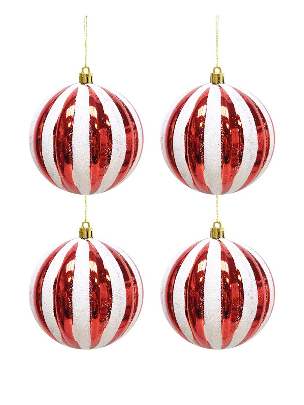 Yılbaşı Topu Dilim Desenli Dekoratif Çam Ağacı Süsü Kırmızı Beyaz 10 cm 4'lü Set-1