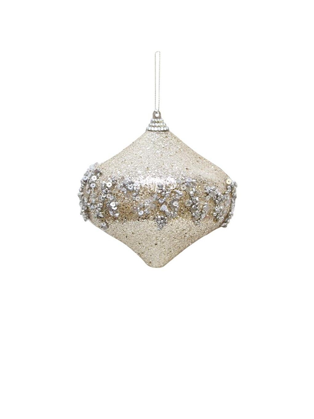 Ekru Yılbaşı Topu Simli Boncuk ve Pul - Payet Detaylı Çam Ağacı Süsü Işıltılı Açık Krem 10 cm 2'li-2