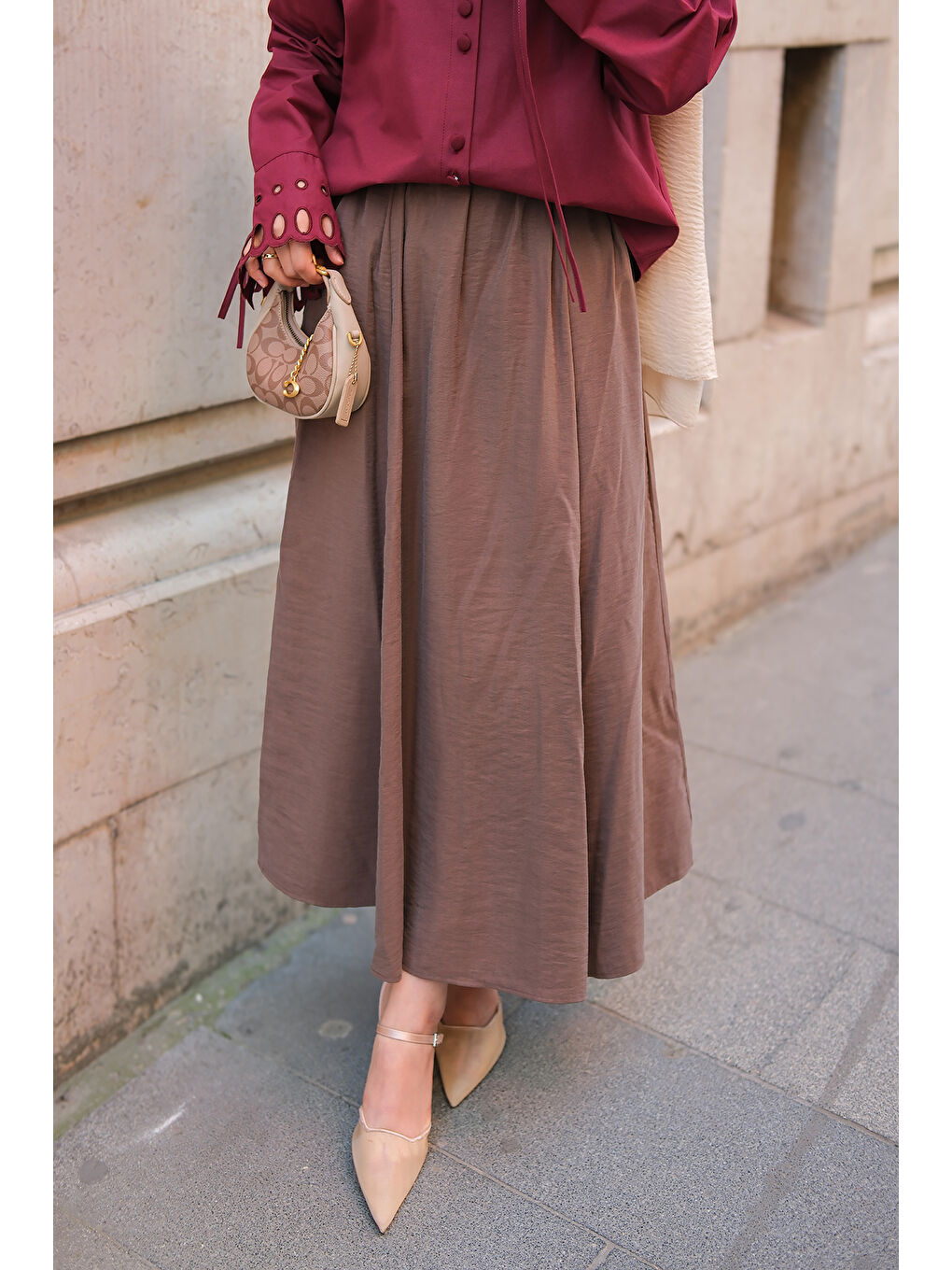 Kahverengi Kadın Krışık Kloş Etek Açık Kahve