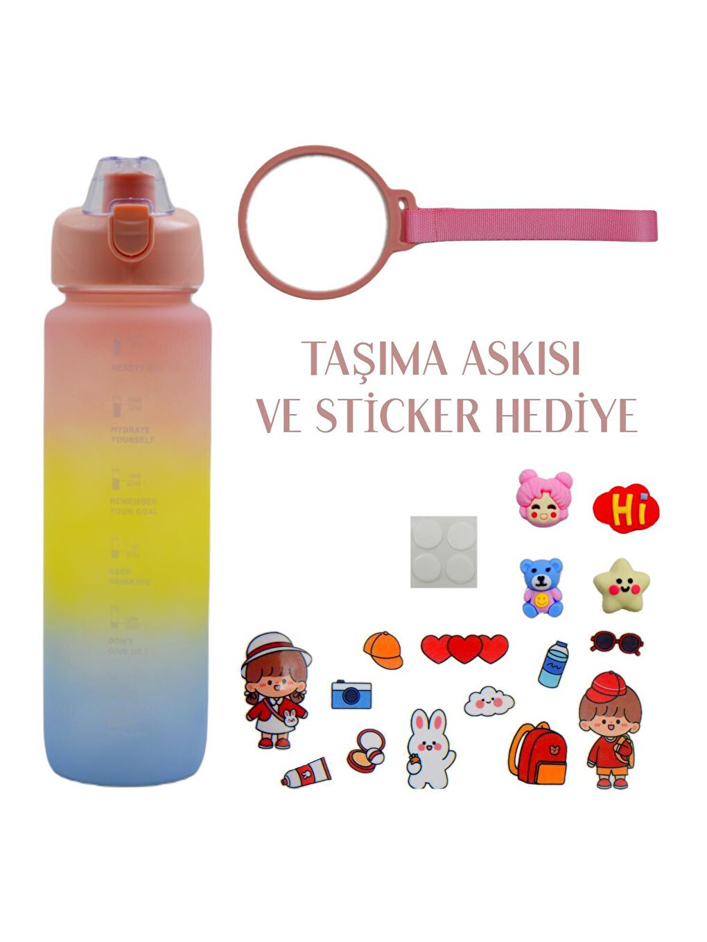 BottleBoss Pembe Pastel Renk Geçişli Sızdırmaz Kapak Motivasyon Matarası 1100 Ml Sticker HEDİYELİ Pembe - 1