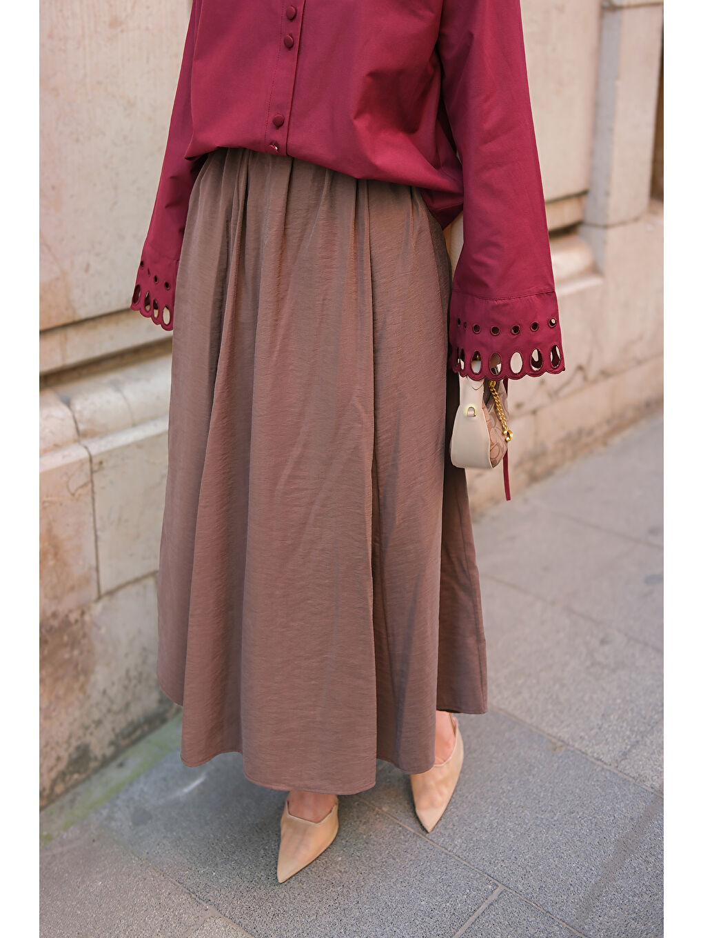 Kahverengi Kadın Krışık Kloş Etek Açık Kahve-1