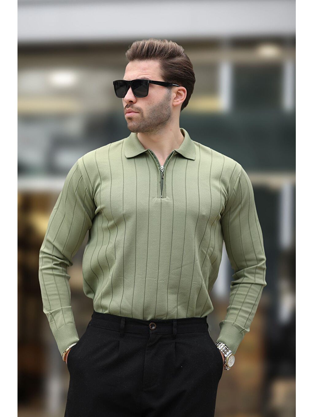 Haki Polo Yaka Fermuarlı Örme Kazak-5