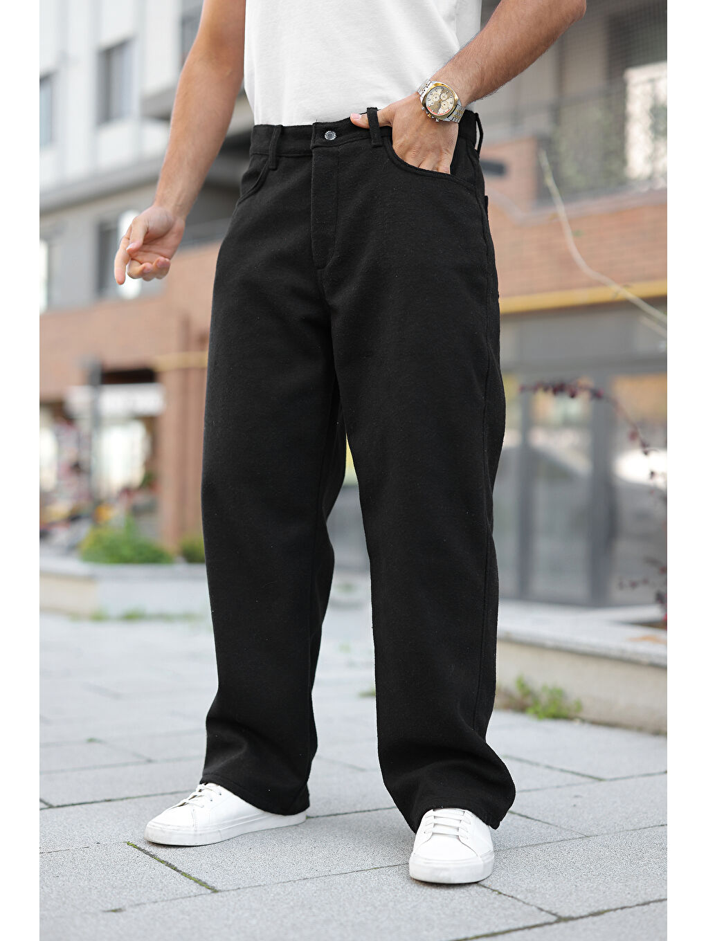 Erkek Yüksek Bel Bol Paça Günlük Siyah Baggy Pantolon-1