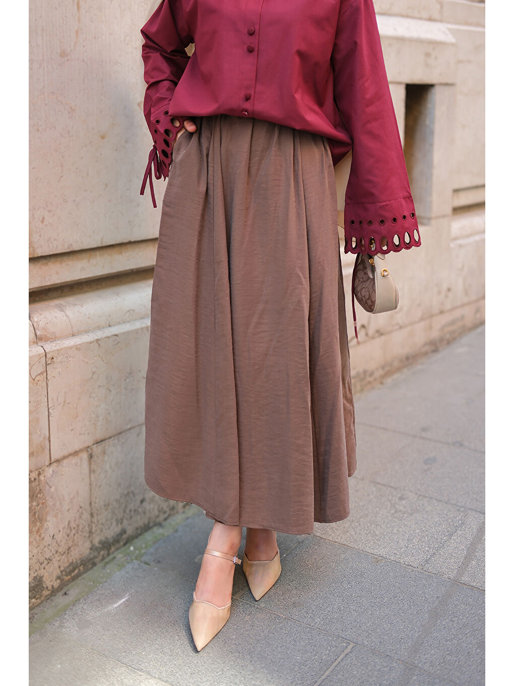 Kahverengi Kadın Krışık Kloş Etek Açık Kahve-2