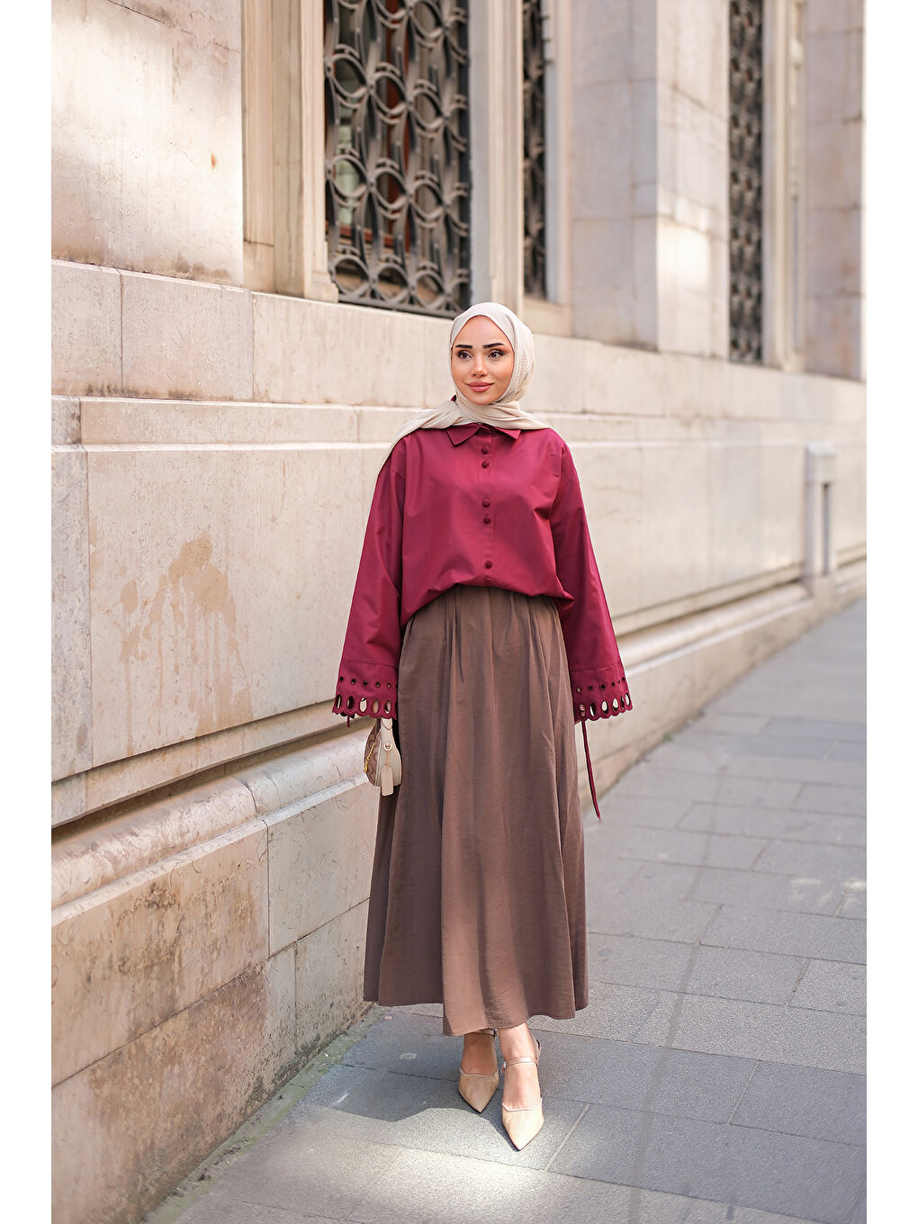 Kahverengi Kadın Krışık Kloş Etek Açık Kahve-3