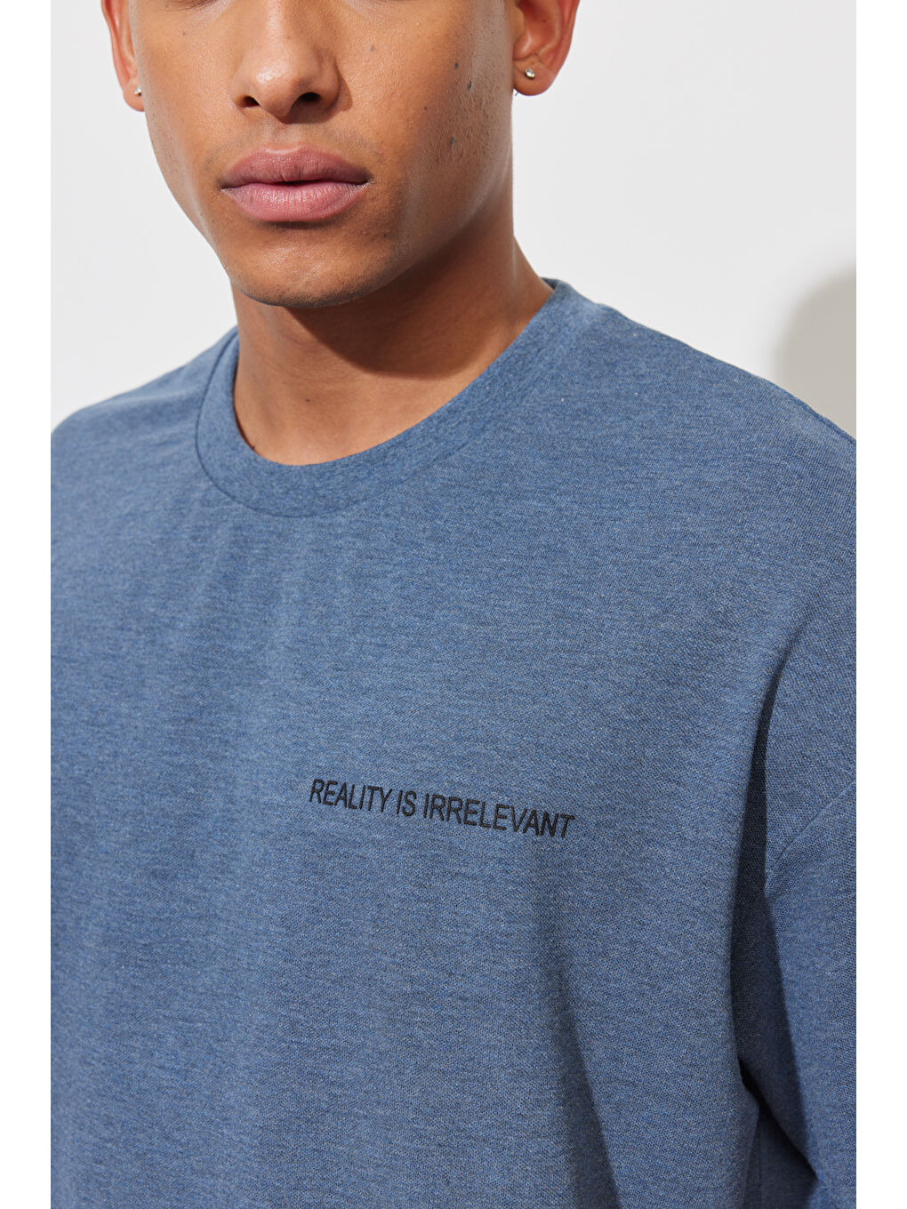 İndigo Erkek Oversize Bisiklet Yaka Pamuklu Baskılı Tişört-3