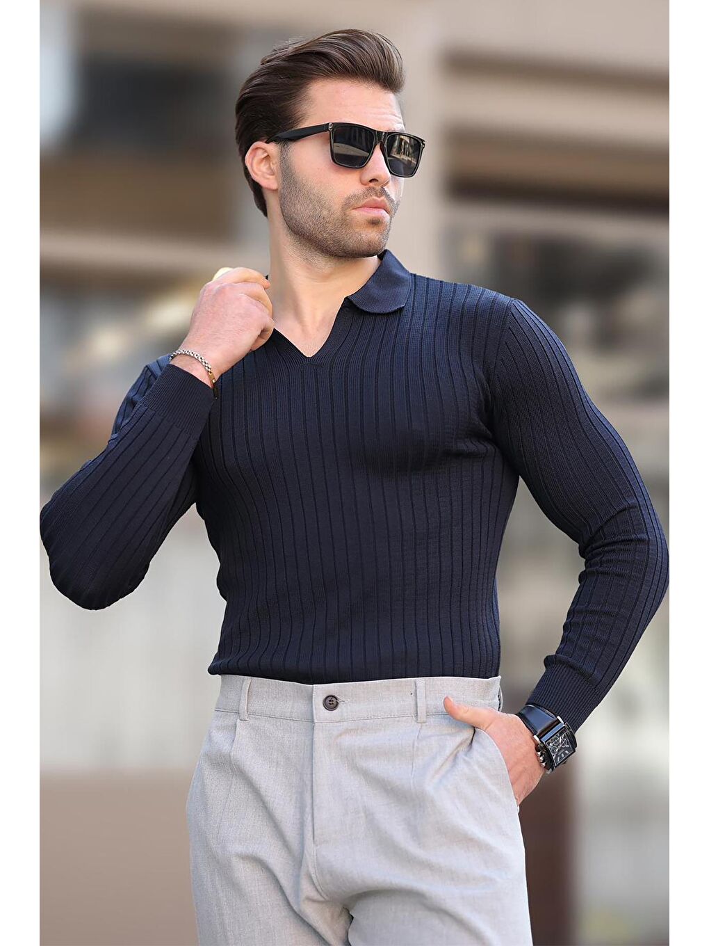 Lacivert Polo Yaka Çizgili Uzun Kollu Erkek Kazak 7289-1