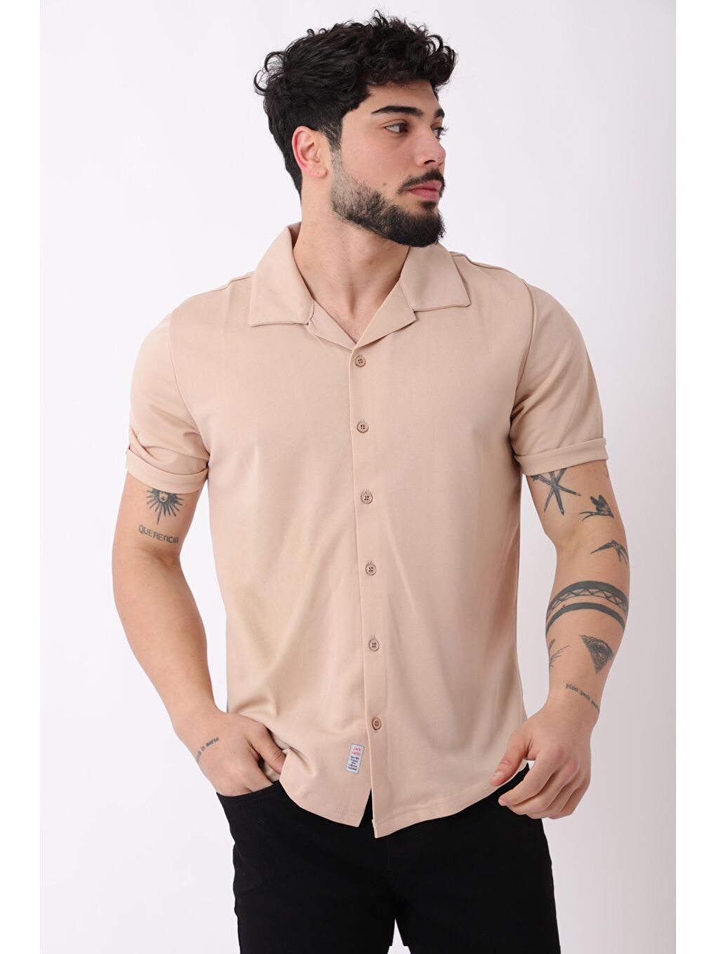 Bej Apaç Yaka Kısa Kol Gömlek JS C-155_40359