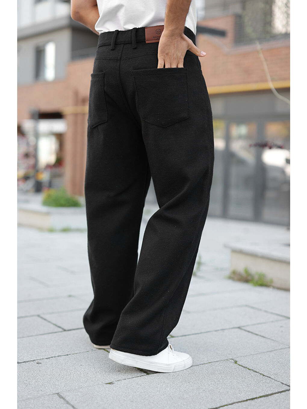 Erkek Yüksek Bel Bol Paça Günlük Siyah Baggy Pantolon-2