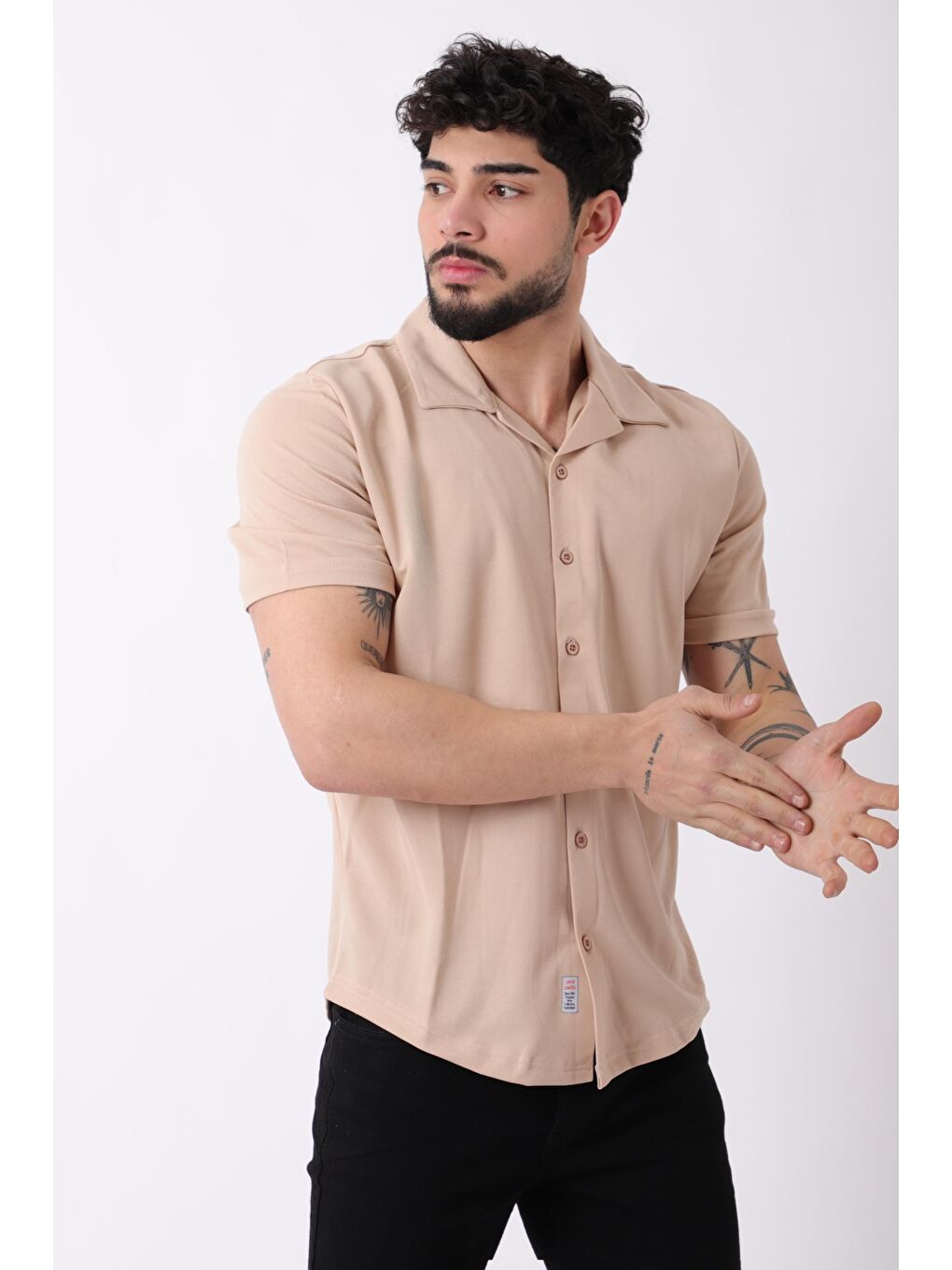 Bej Apaç Yaka Kısa Kol Gömlek JS C-155_40359-1