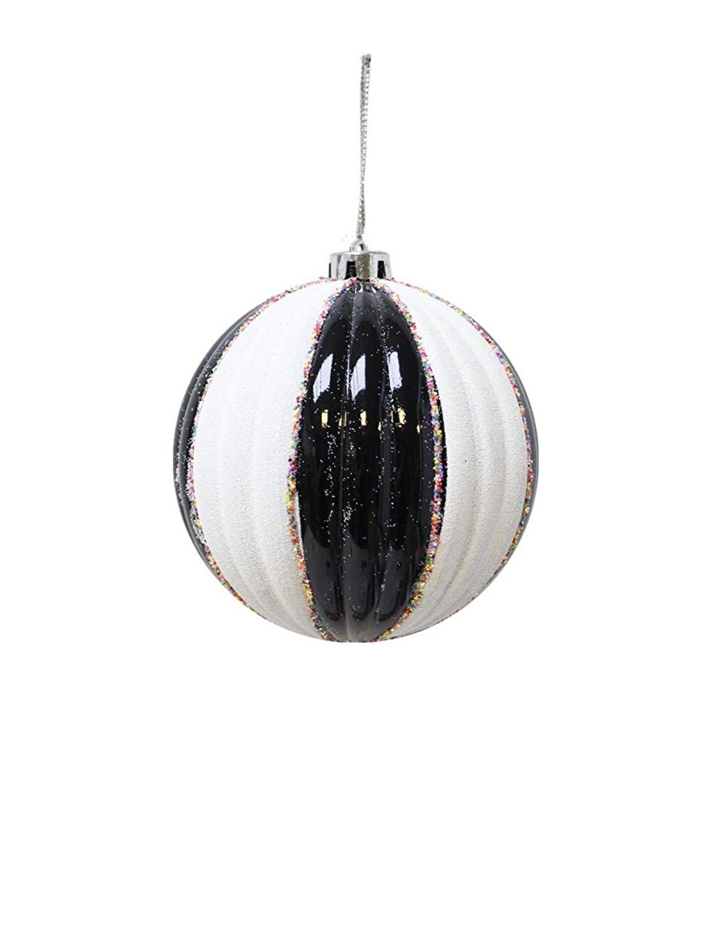 Yılbaşı Topu Siyah Beyaz Dilimli Renkli Simli Çam Ağacı Süsü Tekli 15 cm-1