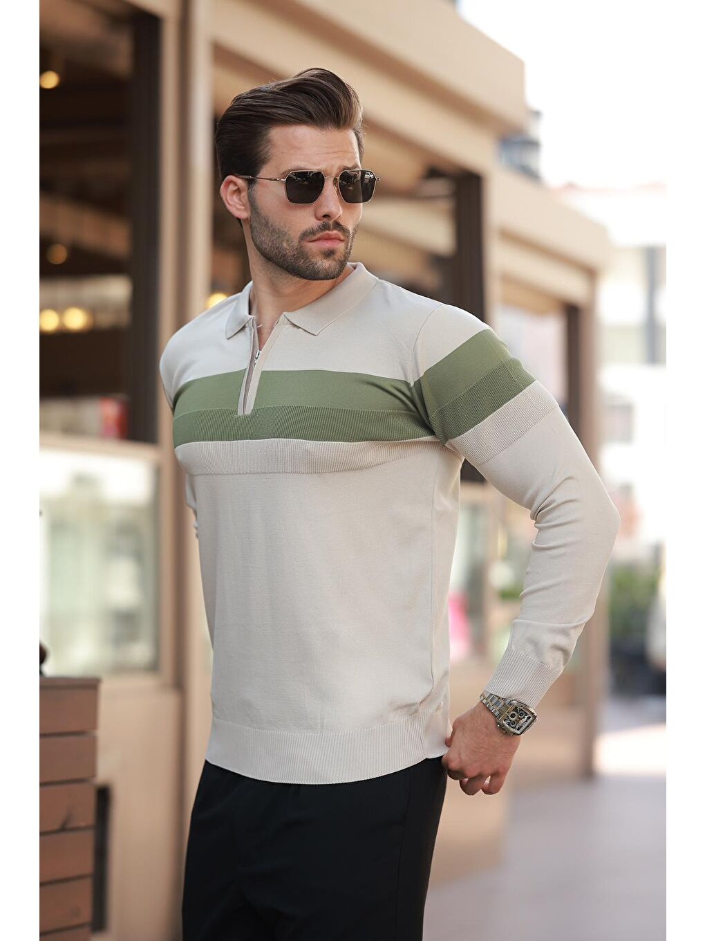 Bej Fermuarlı Polo Yaka Çizgili Uzun Kollu Kazak E7288-1