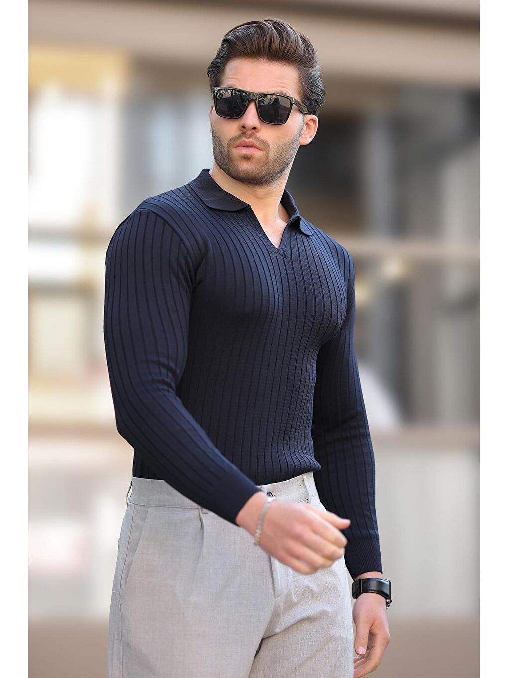 Lacivert Polo Yaka Çizgili Uzun Kollu Erkek Kazak 7289-2