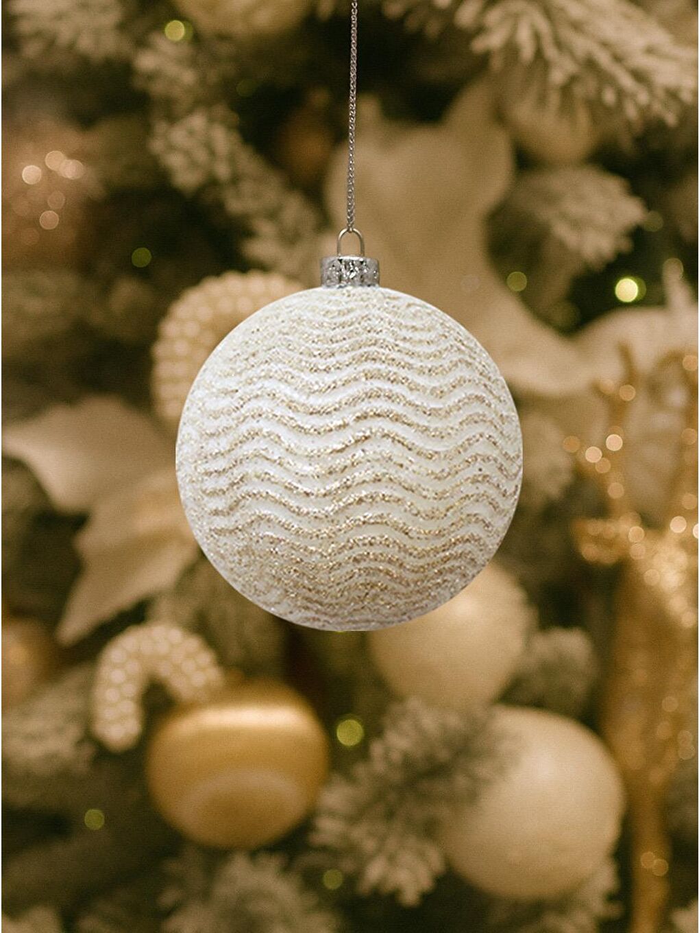 Ekru Yılbaşı Topu Simli Dalga Desenli Çam Ağacı Süsü Işıltılı Açık Krem 10 cm 2'li