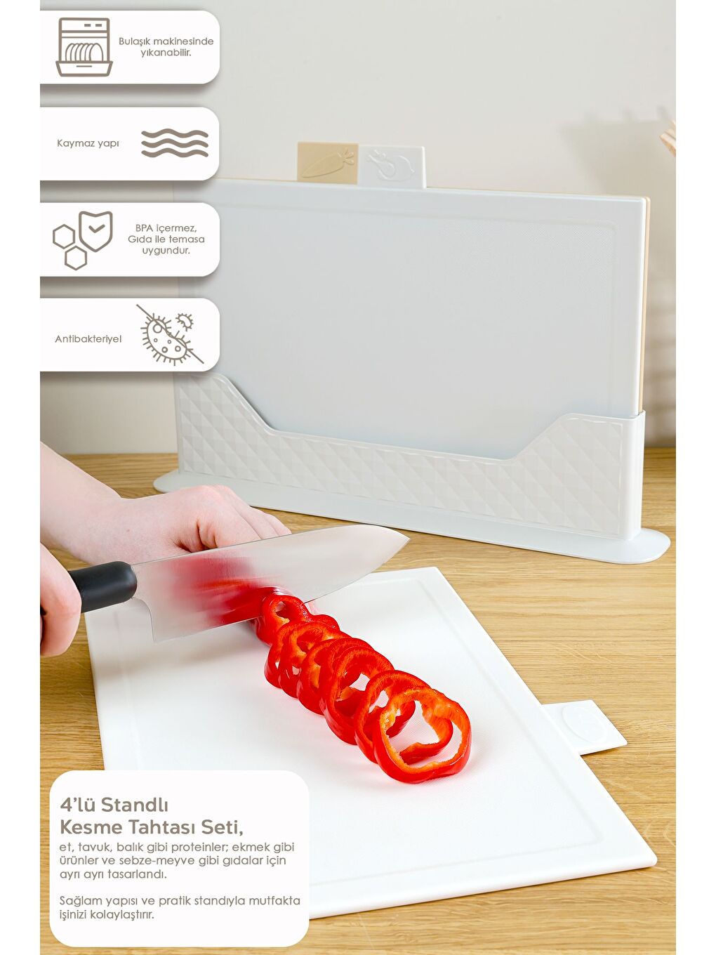 4 Parça Çoklu Kesme Tahtası Seti Yatay Standlı Doğrama Tahtası Ekmek Sebze Et Kesim Panosu Bej-1