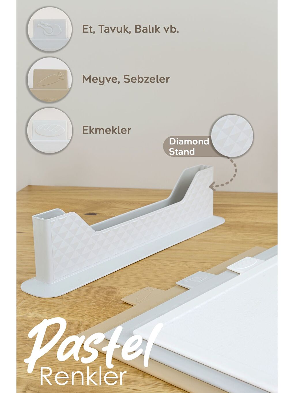 4 Parça Çoklu Kesme Tahtası Seti Yatay Standlı Doğrama Tahtası Ekmek Sebze Et Kesim Panosu Bej-2