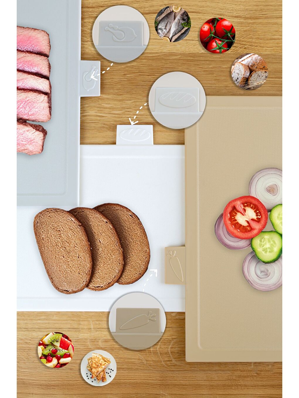 4 Parça Çoklu Kesme Tahtası Seti Yatay Standlı Doğrama Tahtası Ekmek Sebze Et Kesim Panosu Bej-3