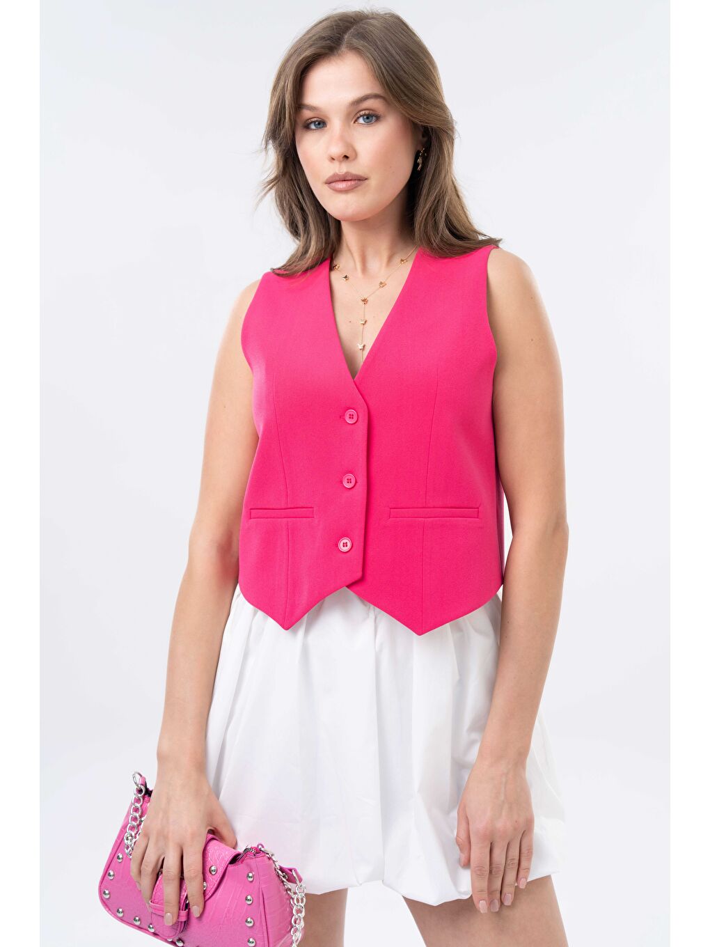 Fuşya Kadın V Yaka Düğmeli Klasik Dokuma Blazer Yelek-1