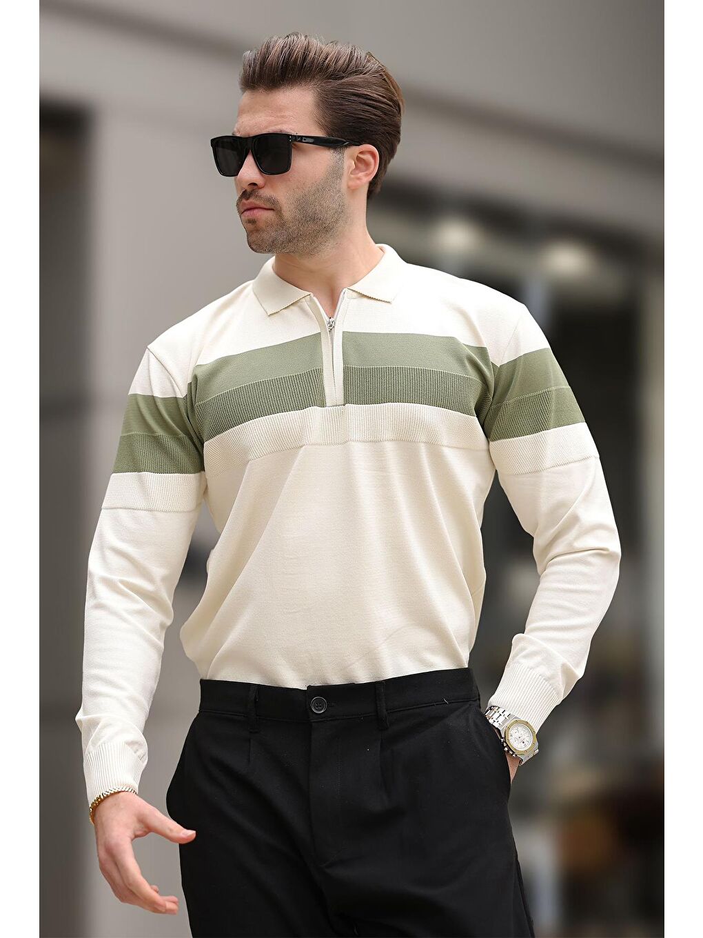 Bej Fermuarlı Polo Yaka Çizgili Uzun Kollu Kazak E7288-2