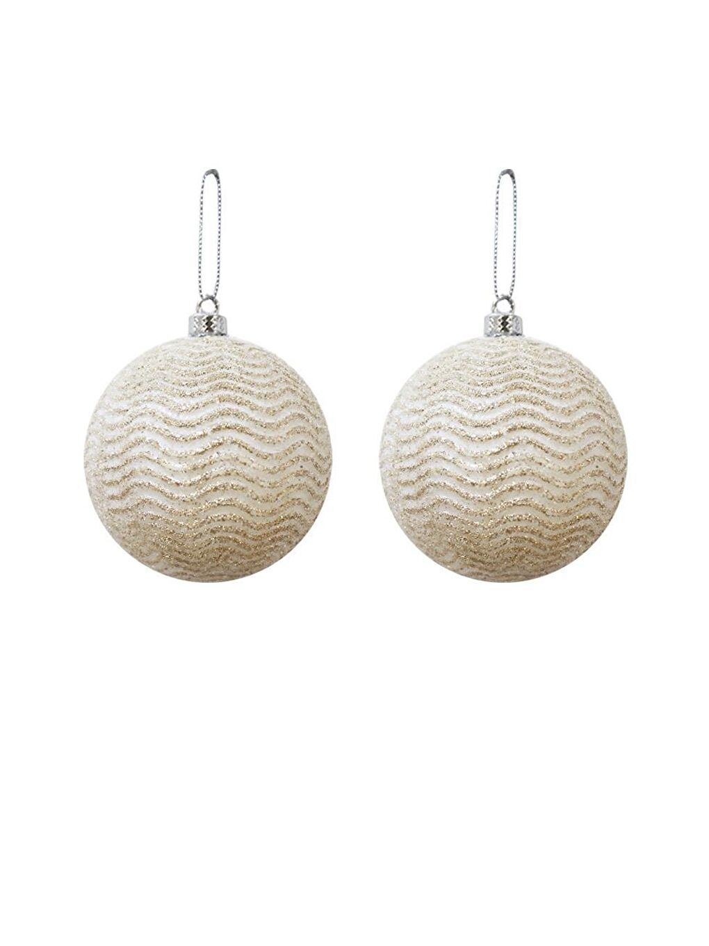 Ekru Yılbaşı Topu Simli Dalga Desenli Çam Ağacı Süsü Işıltılı Açık Krem 10 cm 2'li-1