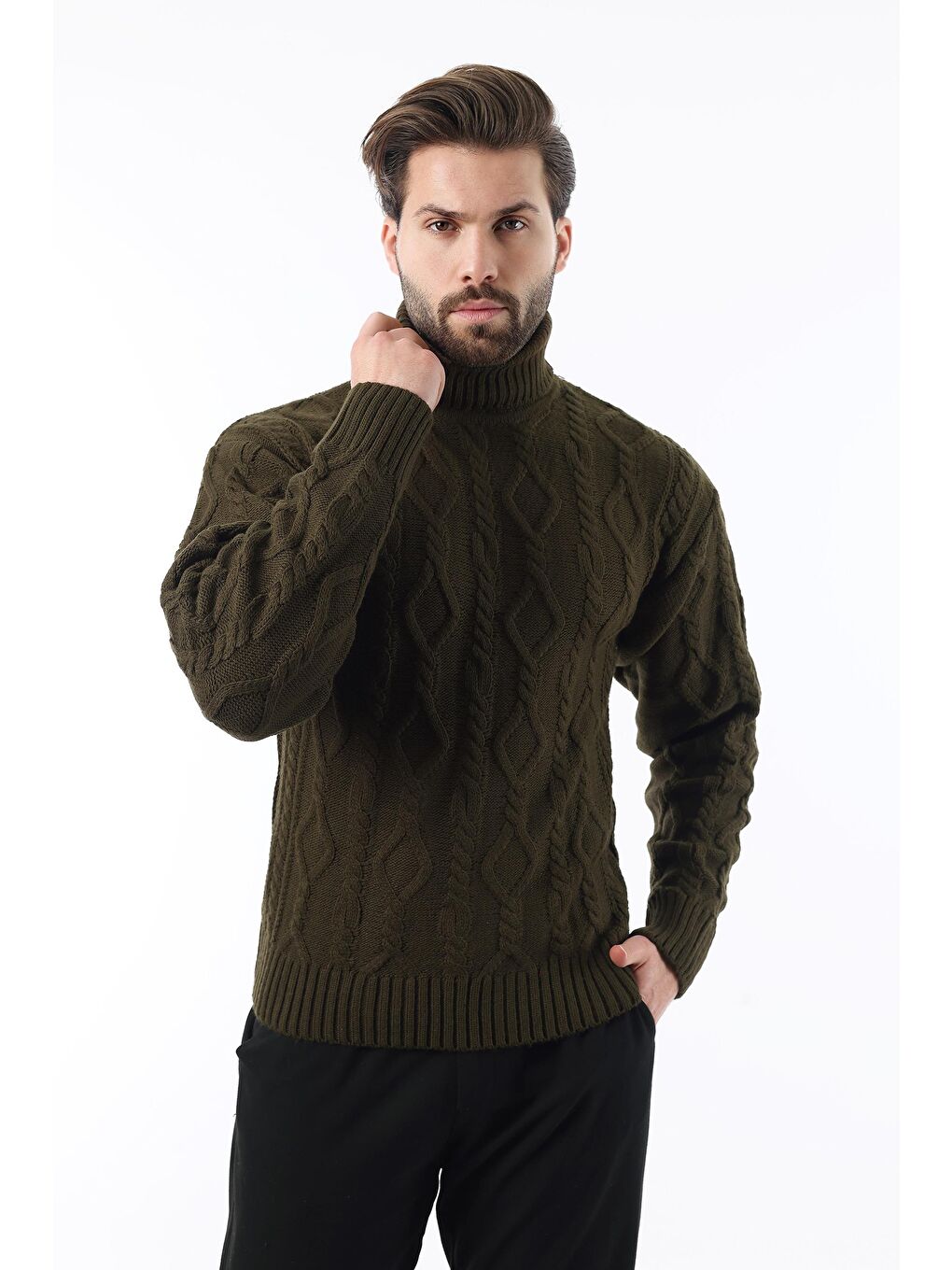 Haki Balıkçı Yaka Desenli Erkek Kazak E7292-1