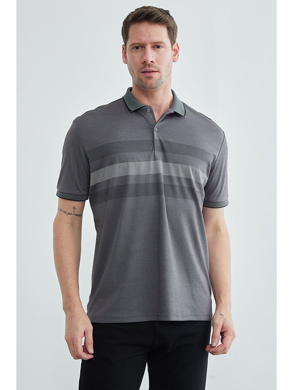 Gri Şeritli Düğmeli Polo Yaka Tişört-2