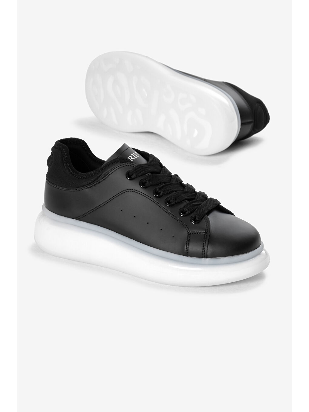 Erkek Siyah Beyaz Kalın Taban Bağcıklı Spor Ayakkabı-3